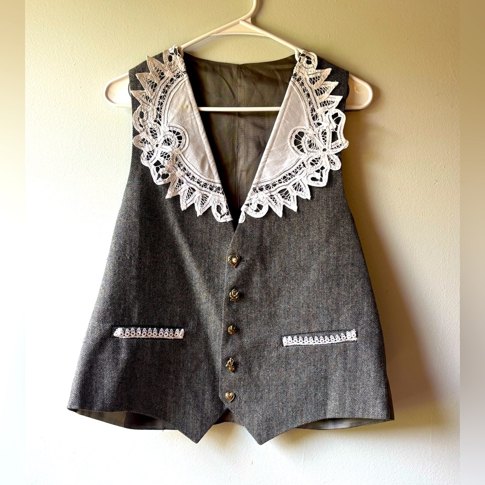 Gray Vest with Lace Collar and Gold Buttons